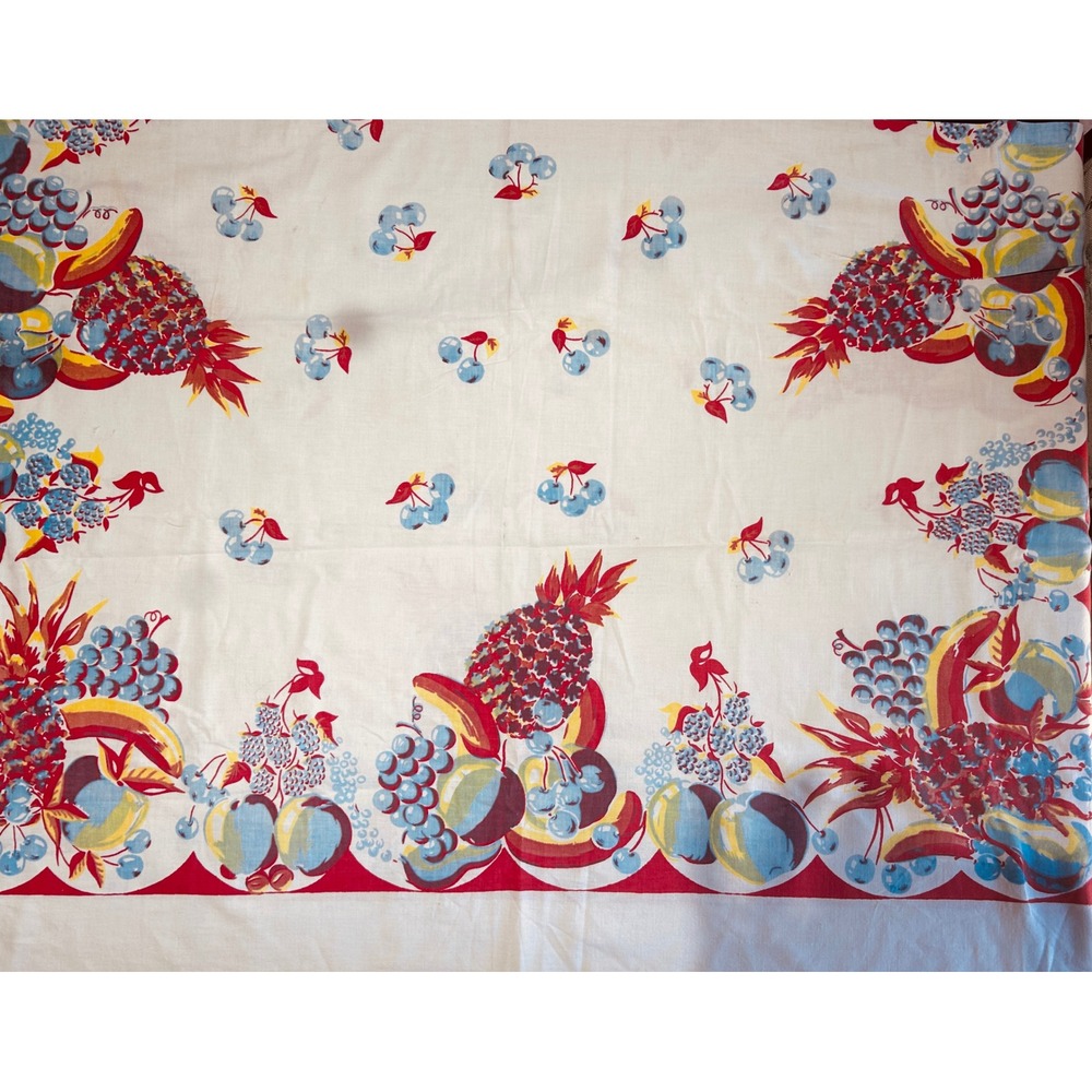 Tablecloth Baking Cloth Cotton 48x64 1950s Kitschy Fruit Print Retro MCM